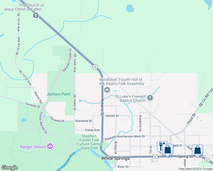 map of restaurants, bars, coffee shops, grocery stores, and more near 12538 Roberts Street in White Springs
