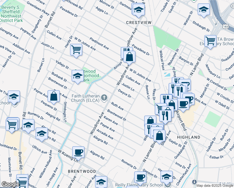 map of restaurants, bars, coffee shops, grocery stores, and more near 1306 Choquette Drive in Austin