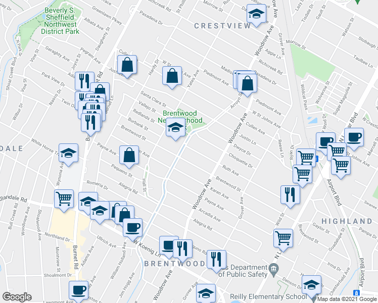 map of restaurants, bars, coffee shops, grocery stores, and more near 1514 Brentwood Street in Austin