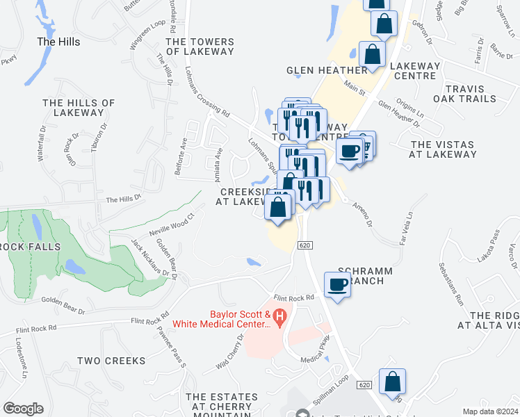 map of restaurants, bars, coffee shops, grocery stores, and more near 2050 Lohmans Spur in Lakeway