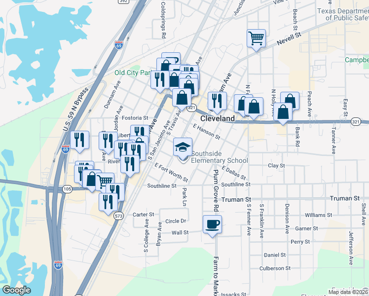 map of restaurants, bars, coffee shops, grocery stores, and more near 235 Farm to Market 1010 Road in Cleveland