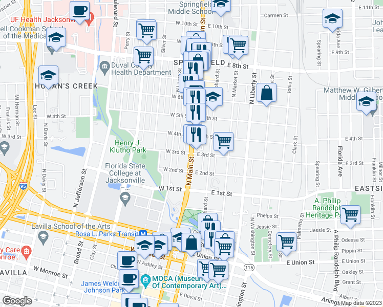 map of restaurants, bars, coffee shops, grocery stores, and more near N Main St & E 3rd St in Jacksonville