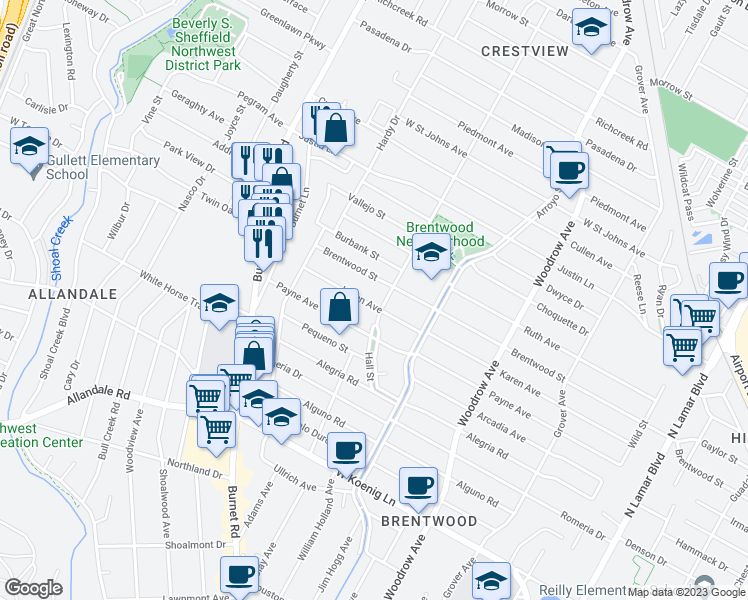 map of restaurants, bars, coffee shops, grocery stores, and more near 1902 Karen Avenue in Austin
