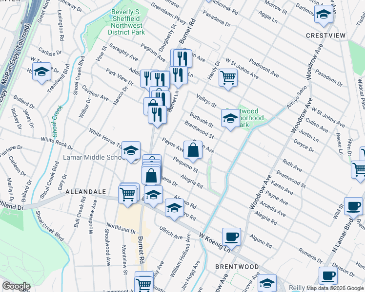 map of restaurants, bars, coffee shops, grocery stores, and more near 2008 Payne Avenue in Austin