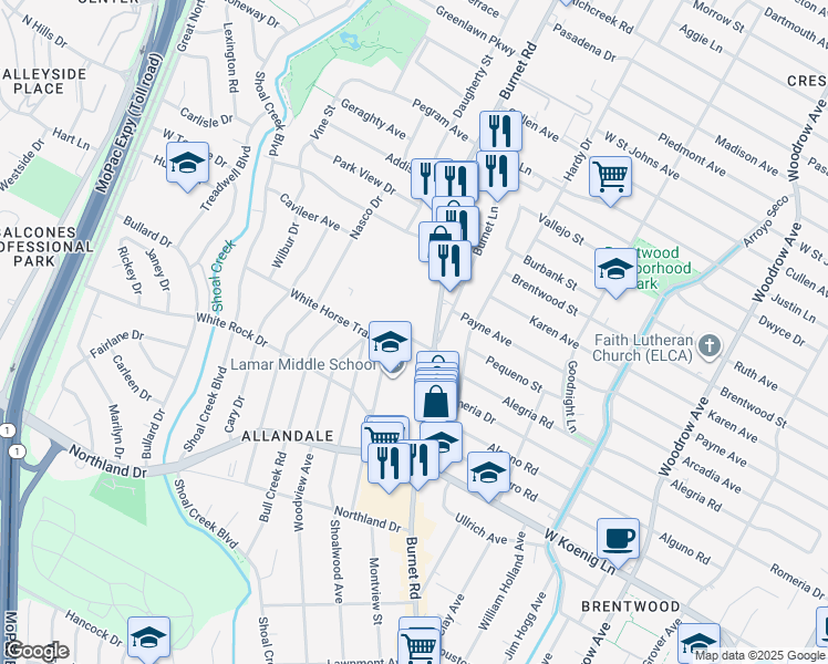 map of restaurants, bars, coffee shops, grocery stores, and more near 2108 White Horse Trail in Austin