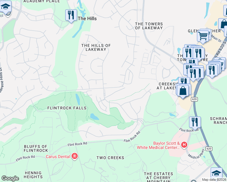 map of restaurants, bars, coffee shops, grocery stores, and more near 26 Borello Drive in Austin
