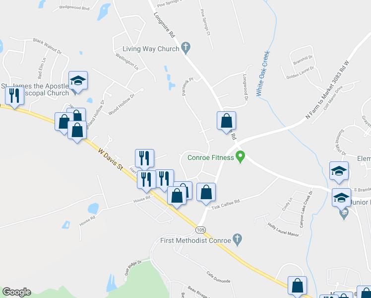 map of restaurants, bars, coffee shops, grocery stores, and more near 1946 Elkington Circle in Conroe