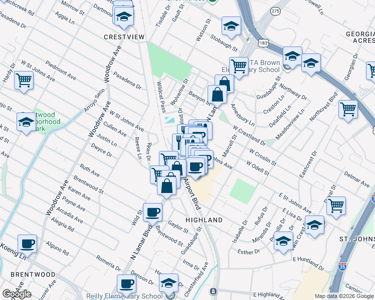 map of restaurants, bars, coffee shops, grocery stores, and more near 7010 Easy Wind Drive in Austin