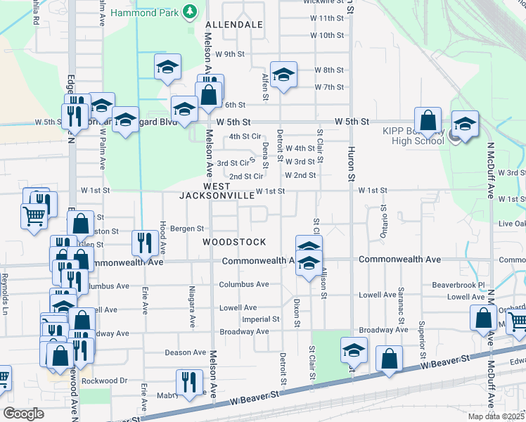 map of restaurants, bars, coffee shops, grocery stores, and more near 1065 Detroit Circle West in Jacksonville