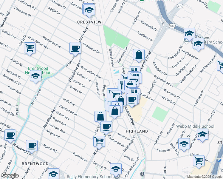 map of restaurants, bars, coffee shops, grocery stores, and more near 6935 Ryan Drive in Austin