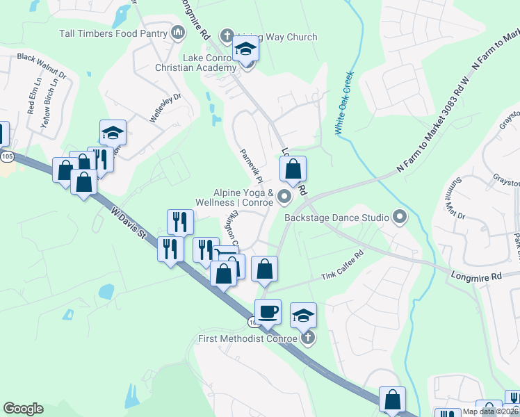 map of restaurants, bars, coffee shops, grocery stores, and more near 1910 Elkington Circle in Conroe