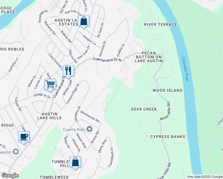 map of restaurants, bars, coffee shops, grocery stores, and more near 1612 Wood Acre Lane in Austin