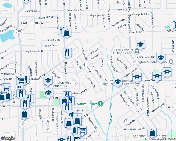 map of restaurants, bars, coffee shops, grocery stores, and more near 1596 Domas Drive in Jacksonville