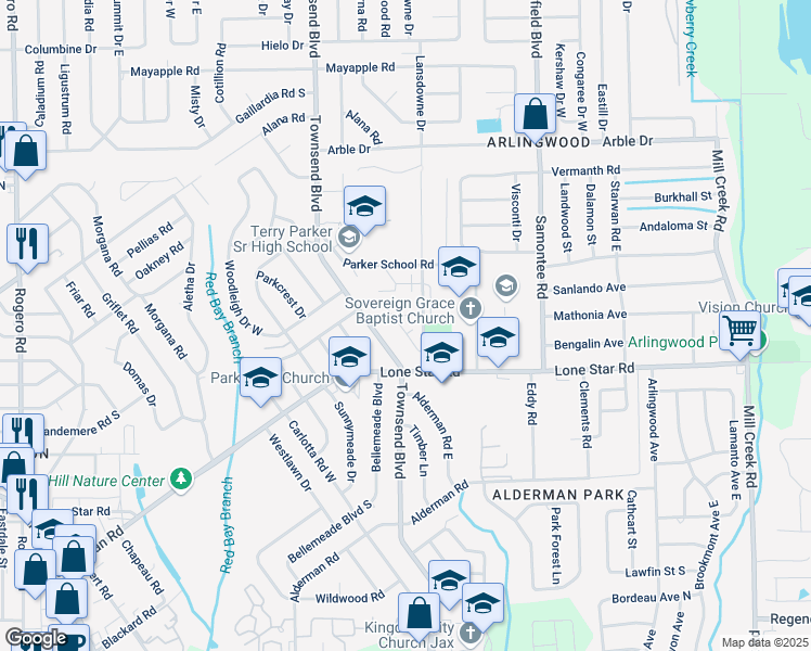 map of restaurants, bars, coffee shops, grocery stores, and more near 1567 Townsend Boulevard in Jacksonville