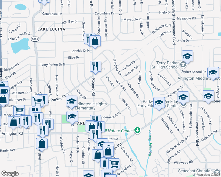 map of restaurants, bars, coffee shops, grocery stores, and more near 6816 Camelot Road in Jacksonville