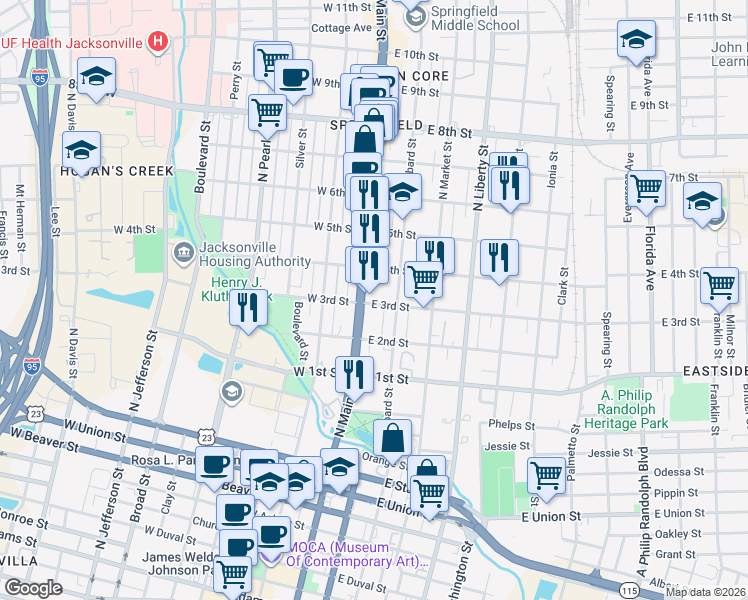 map of restaurants, bars, coffee shops, grocery stores, and more near 1255 North Main Street in Jacksonville