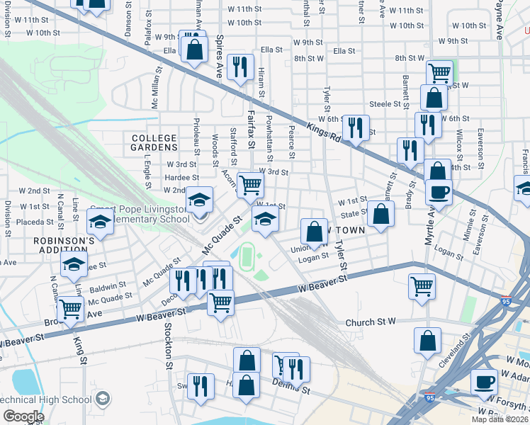 map of restaurants, bars, coffee shops, grocery stores, and more near 1044 Powhattan Street in Jacksonville