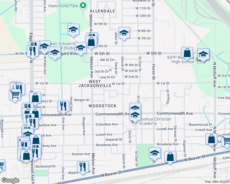 map of restaurants, bars, coffee shops, grocery stores, and more near 1065 Detroit Circle West in Jacksonville