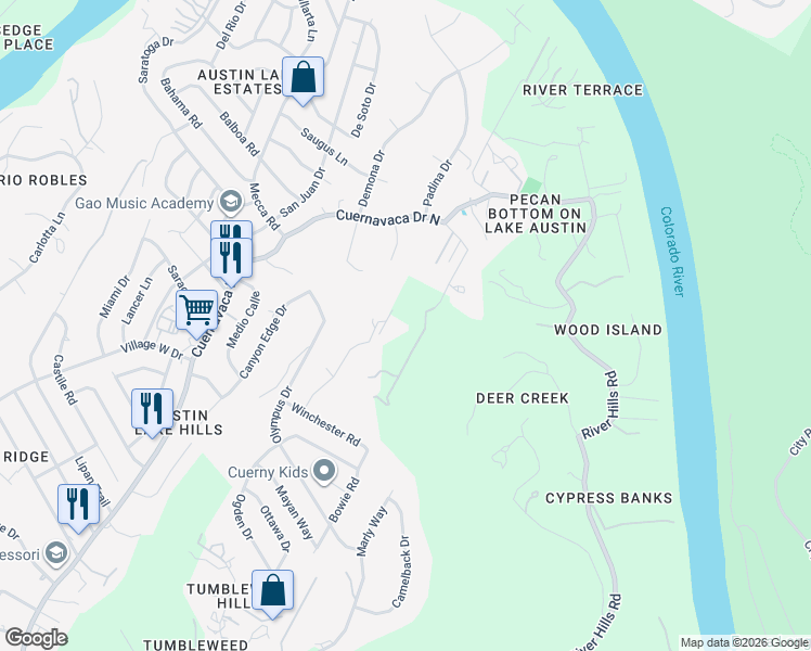 map of restaurants, bars, coffee shops, grocery stores, and more near 1612 Wood Acre Lane in Austin