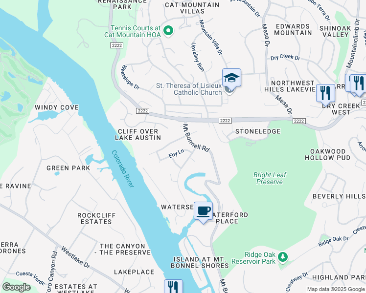 map of restaurants, bars, coffee shops, grocery stores, and more near 4600 Eby Lane in Austin