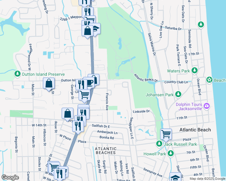 map of restaurants, bars, coffee shops, grocery stores, and more near 1931 Francis Avenue in Atlantic Beach