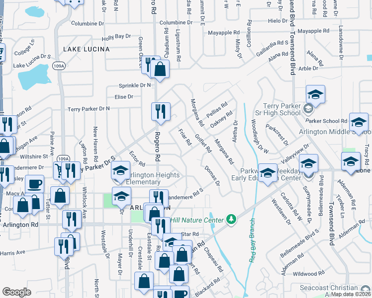map of restaurants, bars, coffee shops, grocery stores, and more near 6816 Camelot Road in Jacksonville