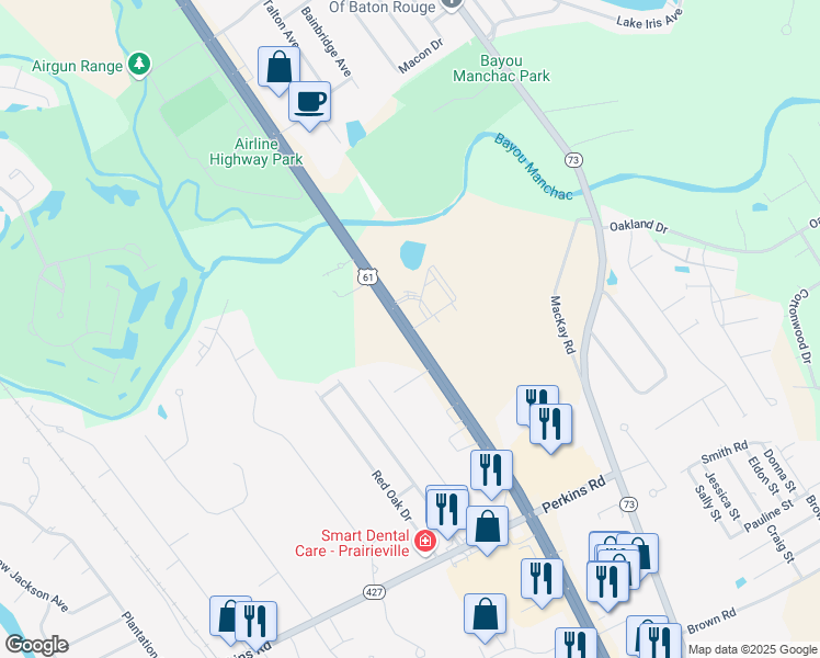 map of restaurants, bars, coffee shops, grocery stores, and more near 17950 Airline Highway in Prairieville