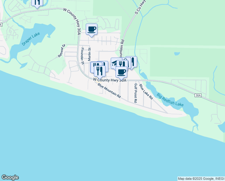 map of restaurants, bars, coffee shops, grocery stores, and more near 209 Blue Mountain Road in Santa Rosa Beach