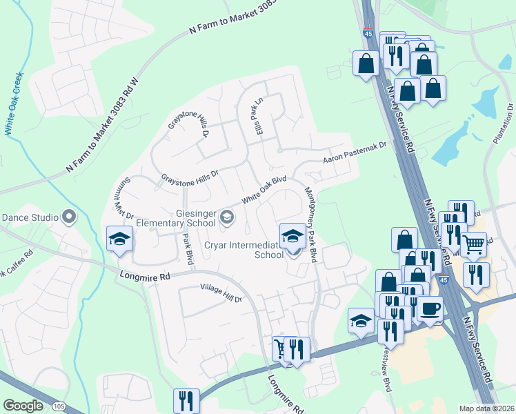 map of restaurants, bars, coffee shops, grocery stores, and more near 2404 Winter Trail Drive in Conroe