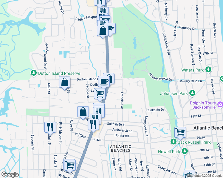 map of restaurants, bars, coffee shops, grocery stores, and more near 30 Simmons Road in Atlantic Beach