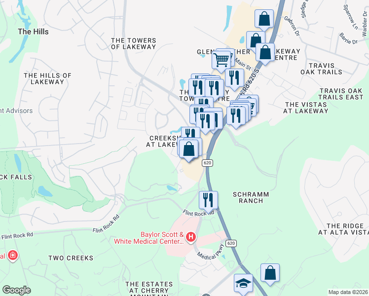 map of restaurants, bars, coffee shops, grocery stores, and more near 2050 Lohmans Spur in Lakeway