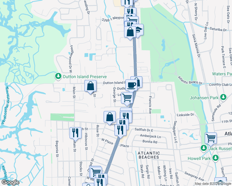 map of restaurants, bars, coffee shops, grocery stores, and more near 64 Lewis Street in Atlantic Beach