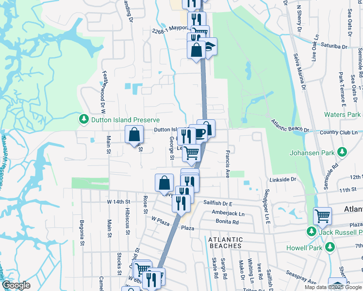 map of restaurants, bars, coffee shops, grocery stores, and more near 64 Lewis Street in Atlantic Beach
