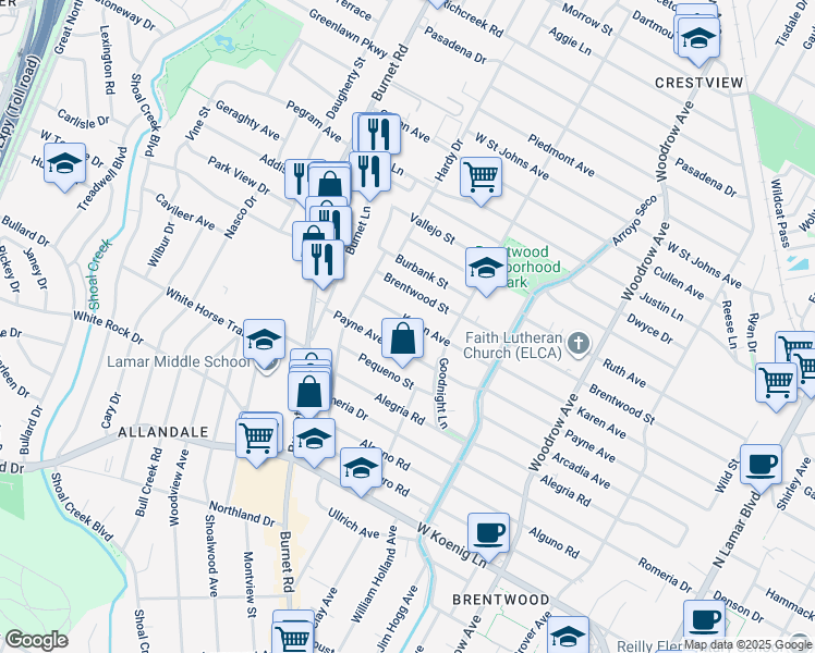 map of restaurants, bars, coffee shops, grocery stores, and more near 1915 Karen Avenue in Austin