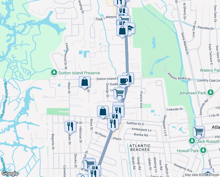map of restaurants, bars, coffee shops, grocery stores, and more near 64 Lewis Street in Atlantic Beach