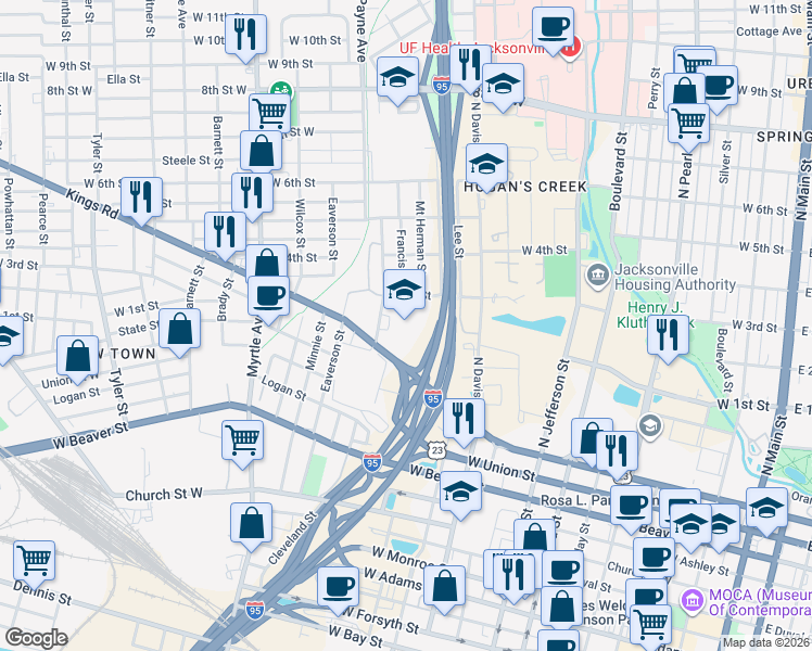 map of restaurants, bars, coffee shops, grocery stores, and more near 1137 Cleveland Street in Jacksonville
