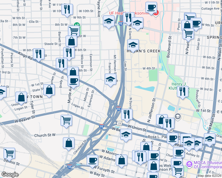 map of restaurants, bars, coffee shops, grocery stores, and more near 1137 Cleveland Street in Jacksonville