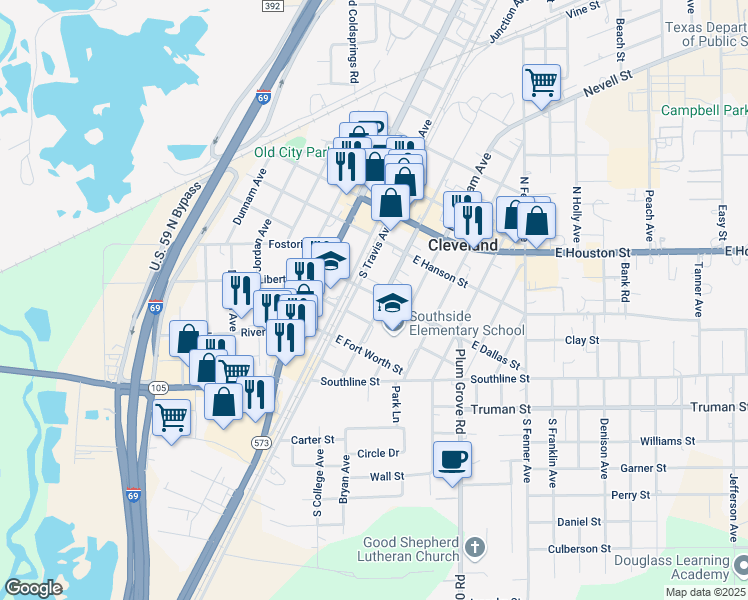 map of restaurants, bars, coffee shops, grocery stores, and more near 108 East Dallas Street in Cleveland