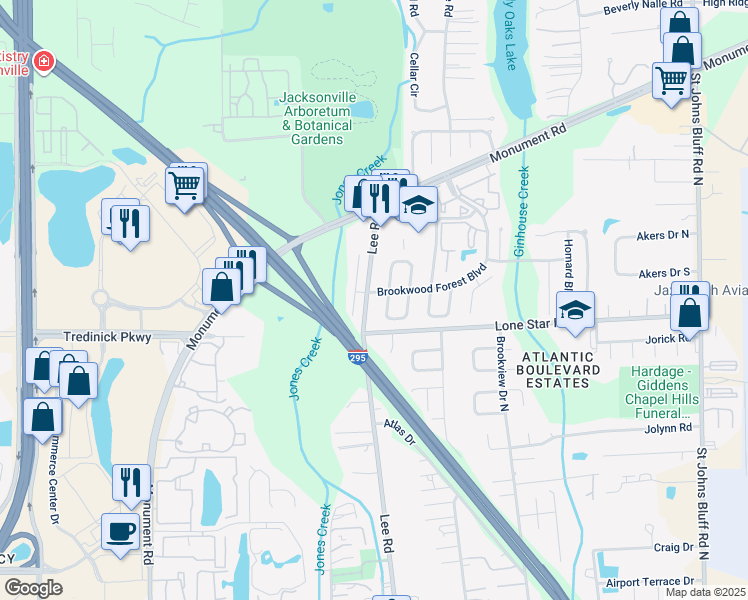 map of restaurants, bars, coffee shops, grocery stores, and more near 1131 Lee Road in Jacksonville