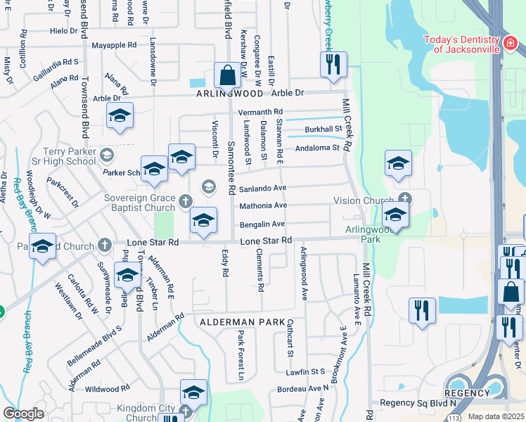 map of restaurants, bars, coffee shops, grocery stores, and more near 8327 Bengalin Avenue in Jacksonville