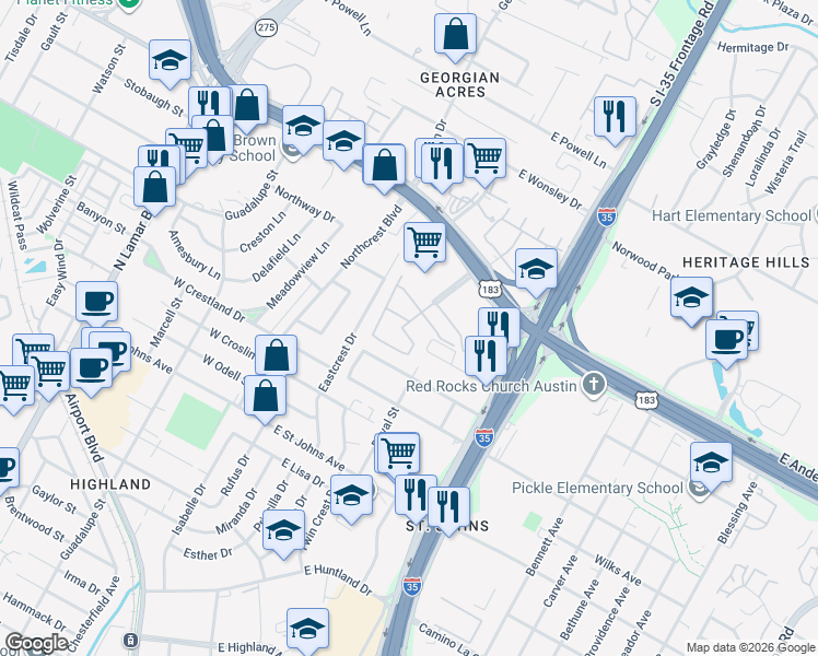map of restaurants, bars, coffee shops, grocery stores, and more near 7581 Chevy Chase Drive in Austin