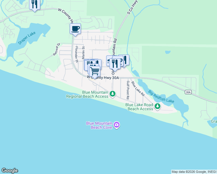 map of restaurants, bars, coffee shops, grocery stores, and more near 209 Blue Mountain Road in Santa Rosa Beach
