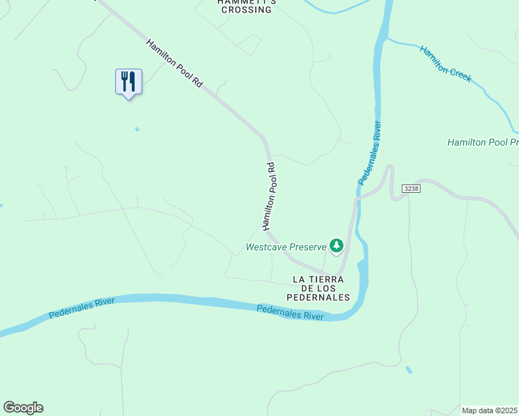 map of restaurants, bars, coffee shops, grocery stores, and more near 25001-25099 Hamilton Pool Rd in Round Mountain