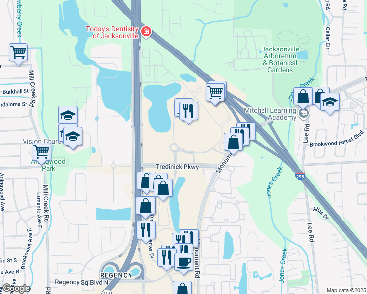 map of restaurants, bars, coffee shops, grocery stores, and more near 1141 Kendall Town Boulevard in Jacksonville
