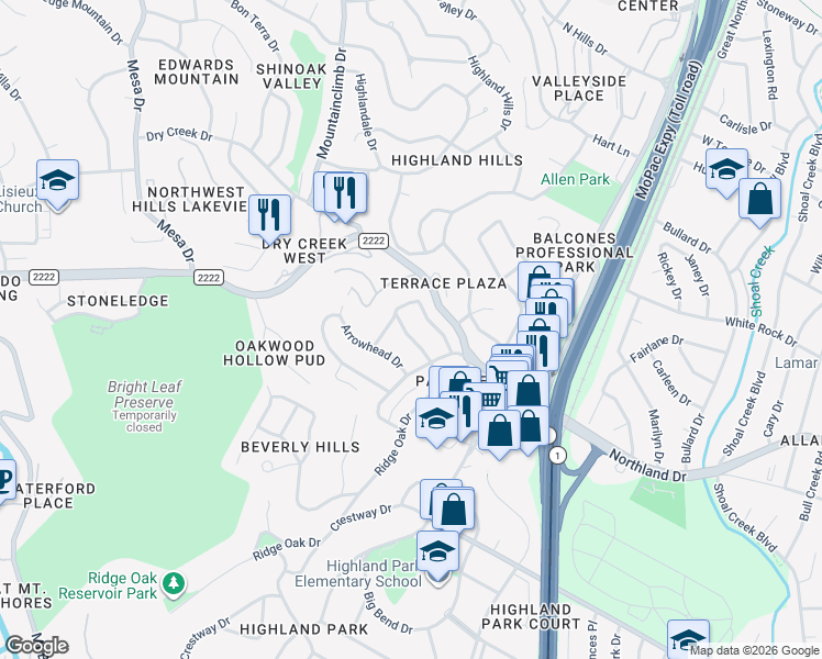 map of restaurants, bars, coffee shops, grocery stores, and more near 5609 Ridge Oak Drive in Austin