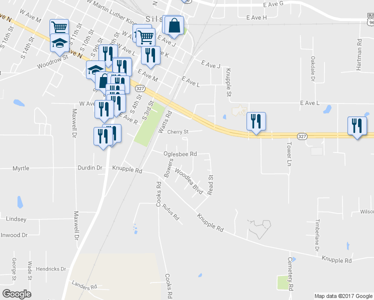 map of restaurants, bars, coffee shops, grocery stores, and more near 304 Pecan Street in Silsbee