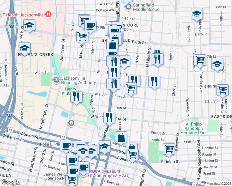 map of restaurants, bars, coffee shops, grocery stores, and more near 1255 North Main Street in Jacksonville