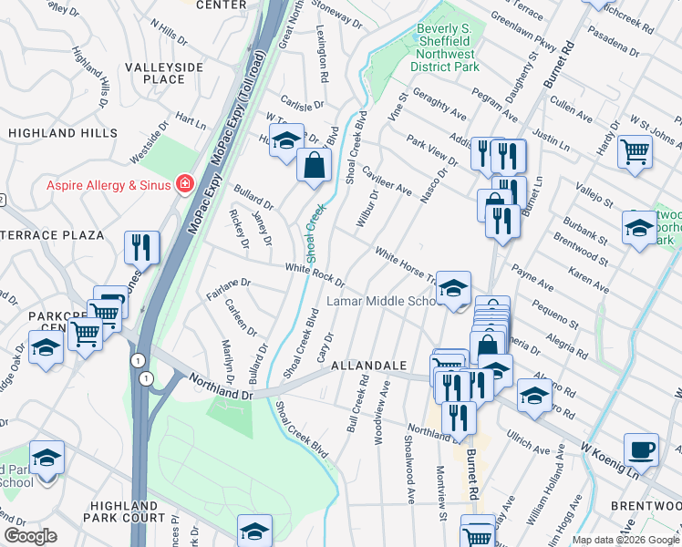 map of restaurants, bars, coffee shops, grocery stores, and more near 6101 Cary Drive in Austin