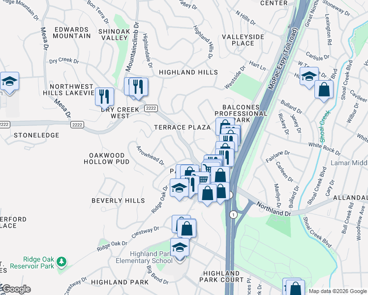 map of restaurants, bars, coffee shops, grocery stores, and more near 3506 Lakeland Drive in Austin