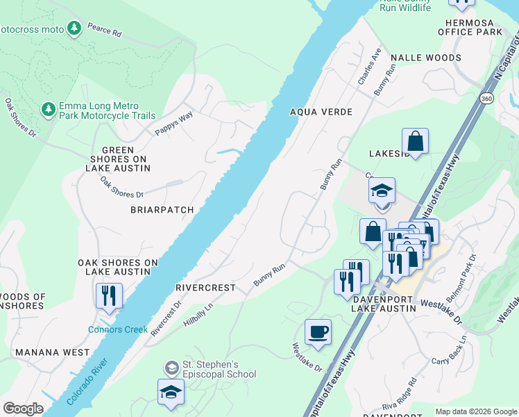 map of restaurants, bars, coffee shops, grocery stores, and more near 3701 Rivercrest Drive in Austin